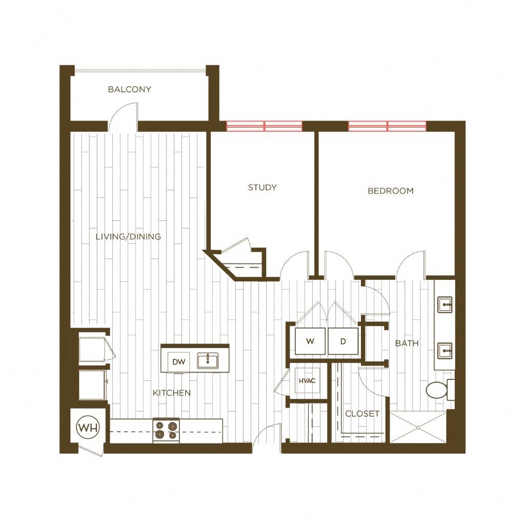 Floor plan for 1 bed, 1 bath, 909 sqft